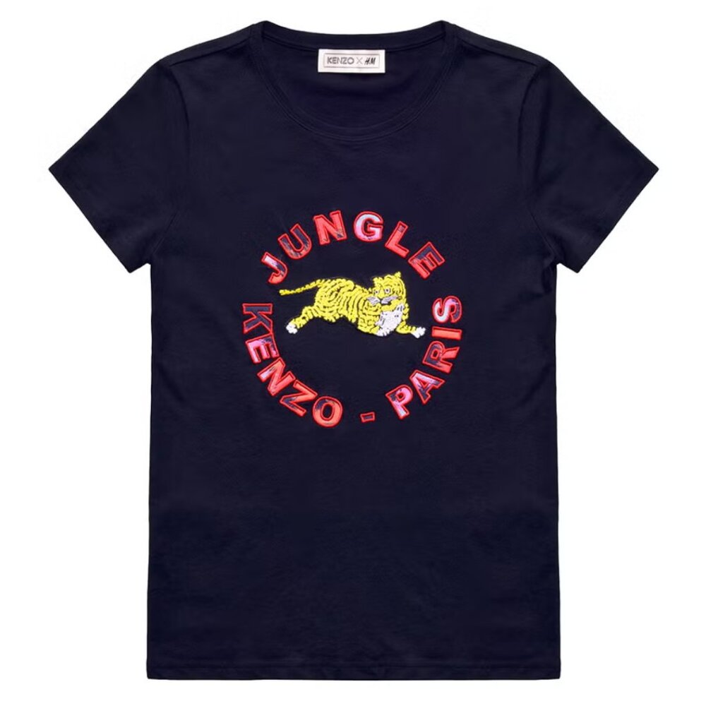 Kenzo X H&M Black Jungle Tiger Embroidered Short Sleeve Shirt Indie Sleaze Y2K